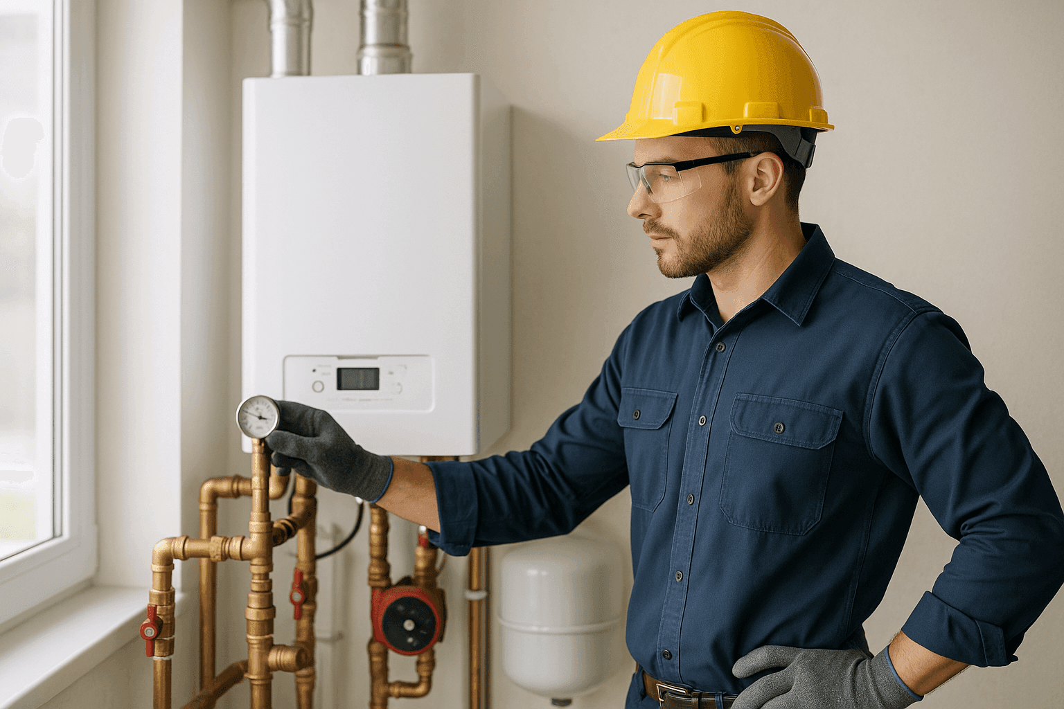 Technician checking residential boiler system in utility room