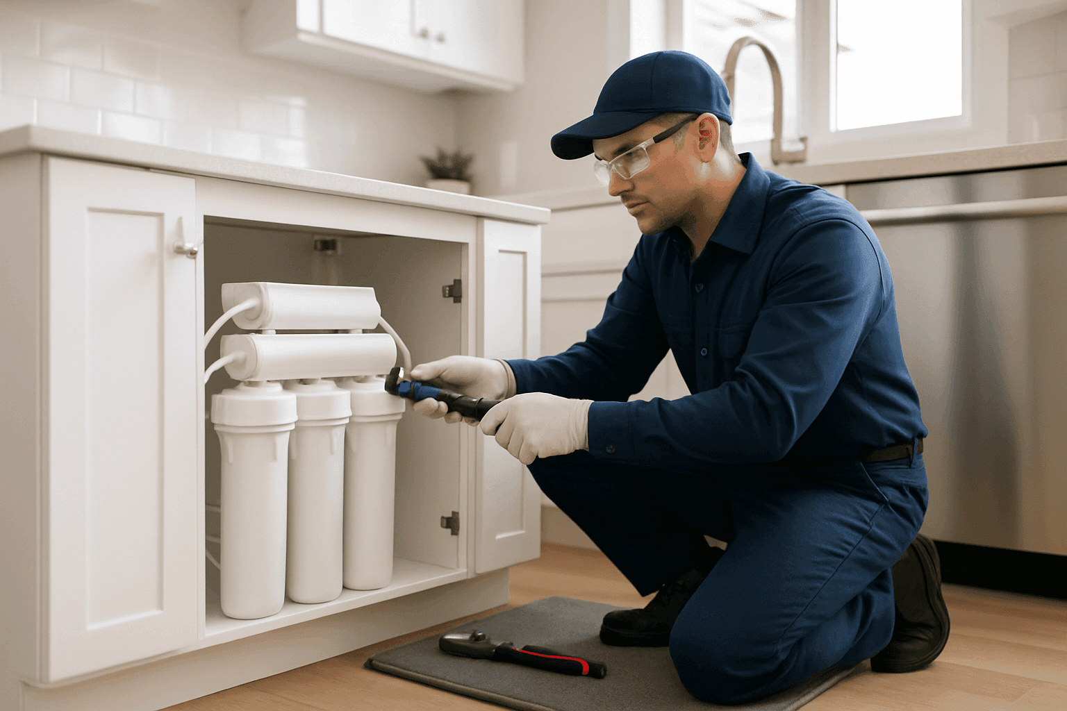 Técnico instalando un sistema de filtración de agua bajo fregadero