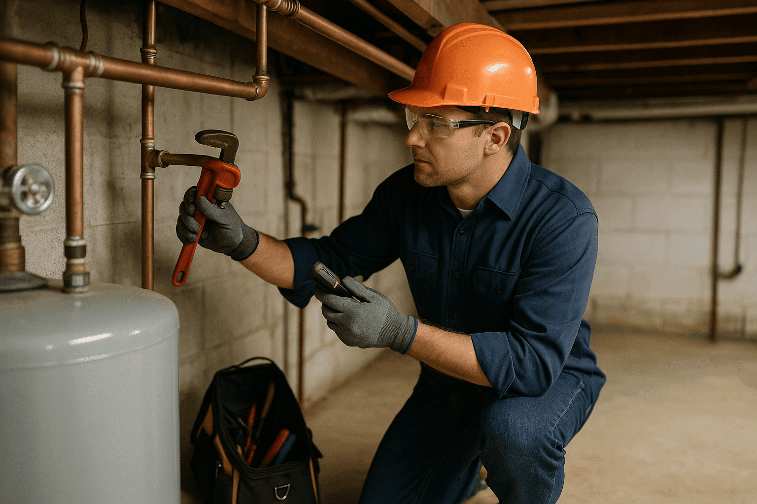 Plomero realizando mantenimiento preventivo en sistema de plomería residencial