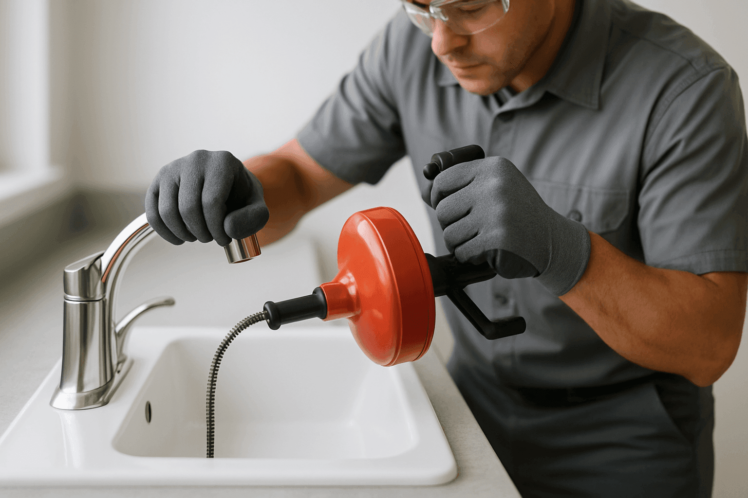 Plumber snaking a bathroom sink drain