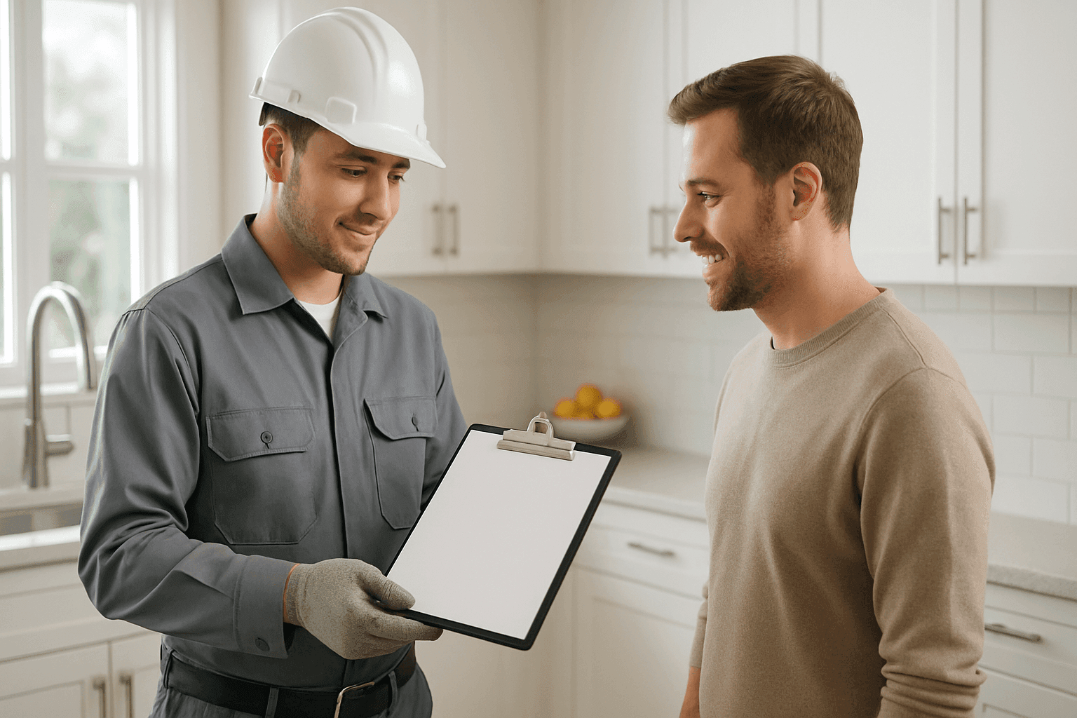 Plumber quoting drain cleaning cost in kitchen