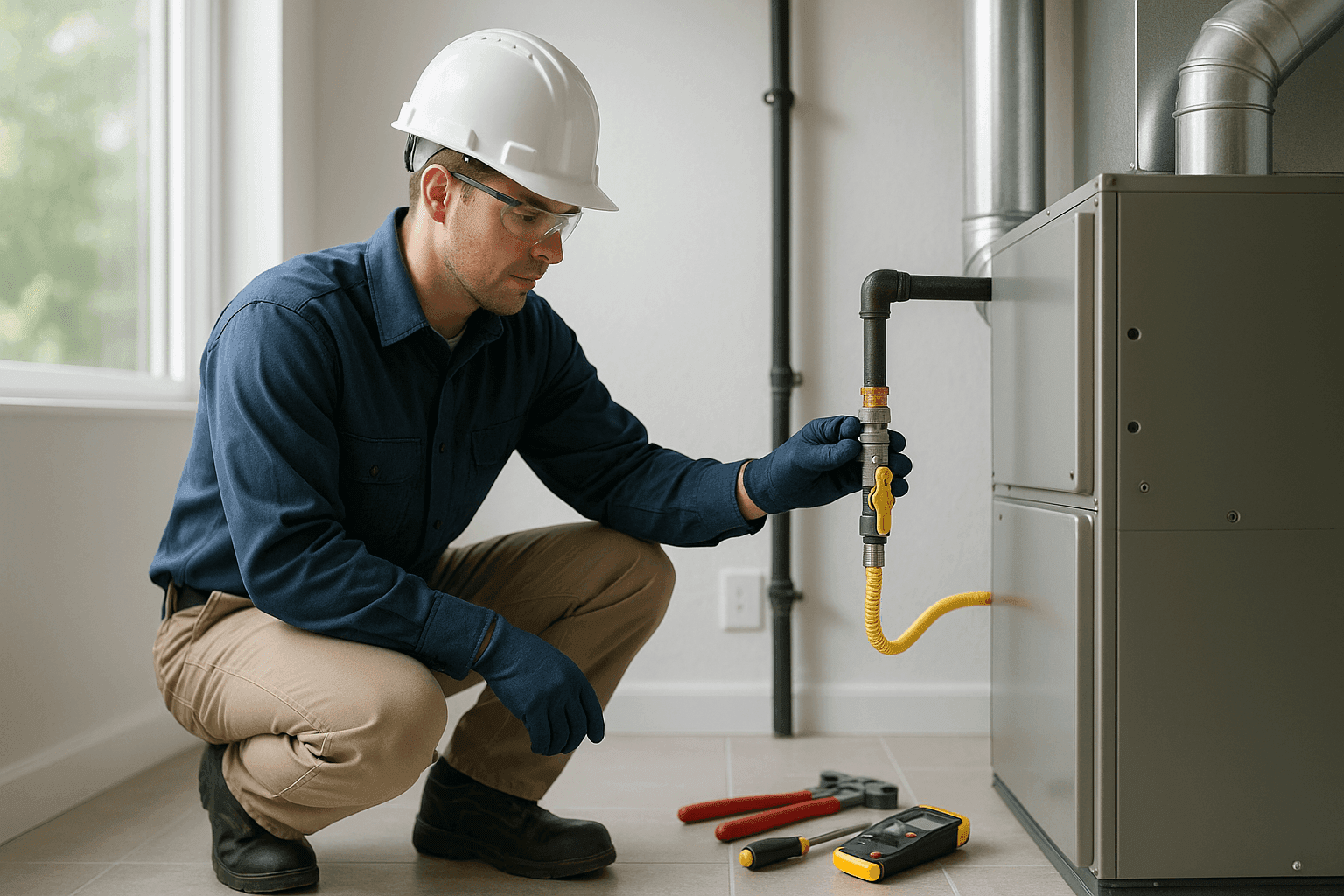 Technician inspecting residential gas line connection