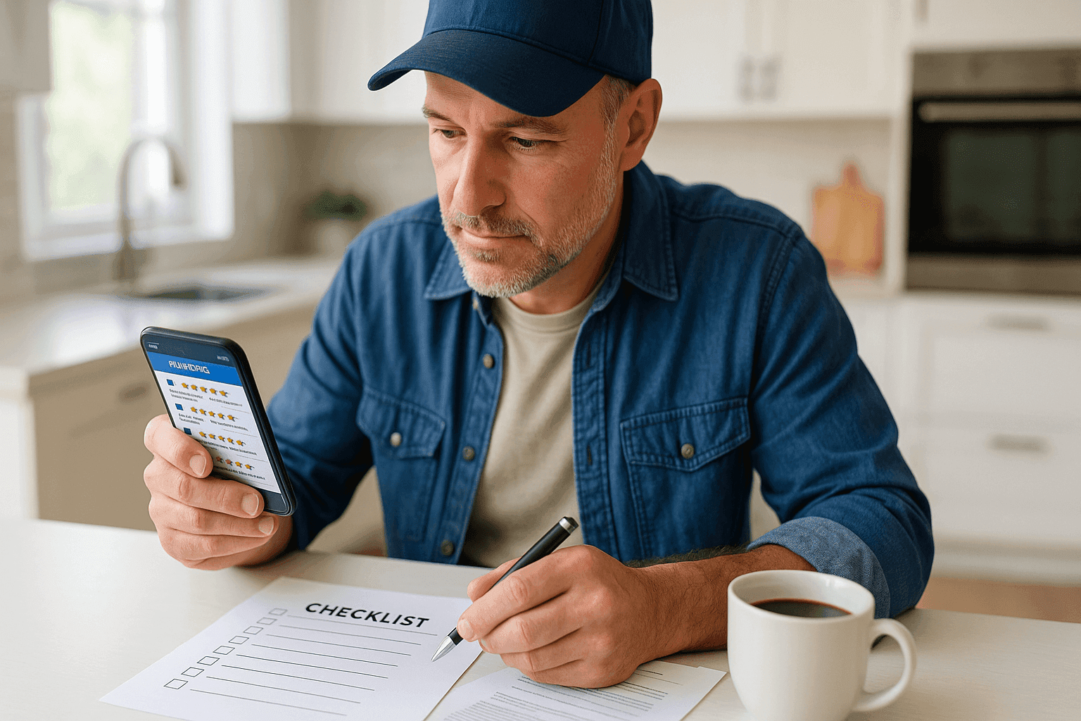 Homeowner reviewing plumber credentials and online reviews