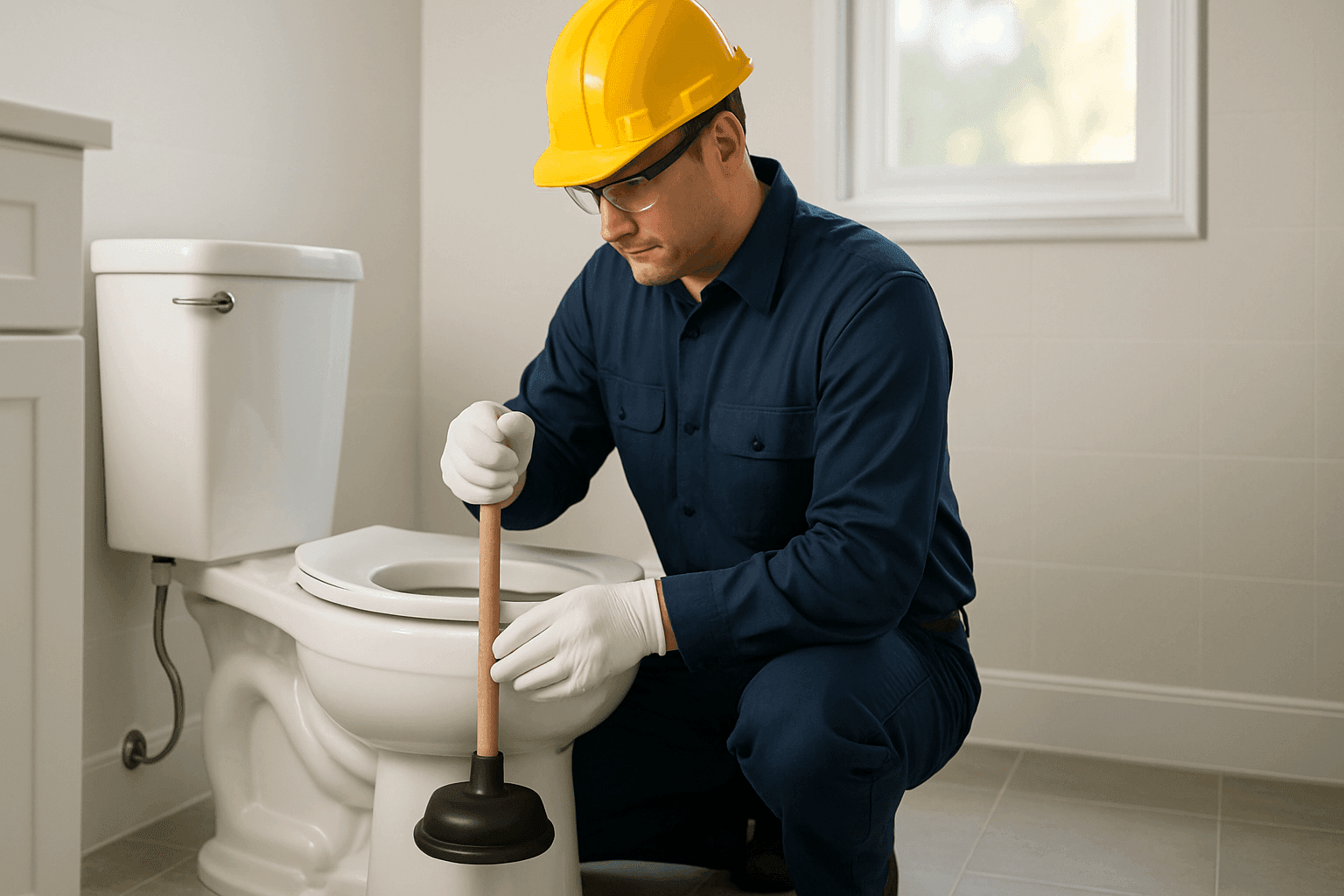 Técnico usando un desatascador para destapar un inodoro residencial