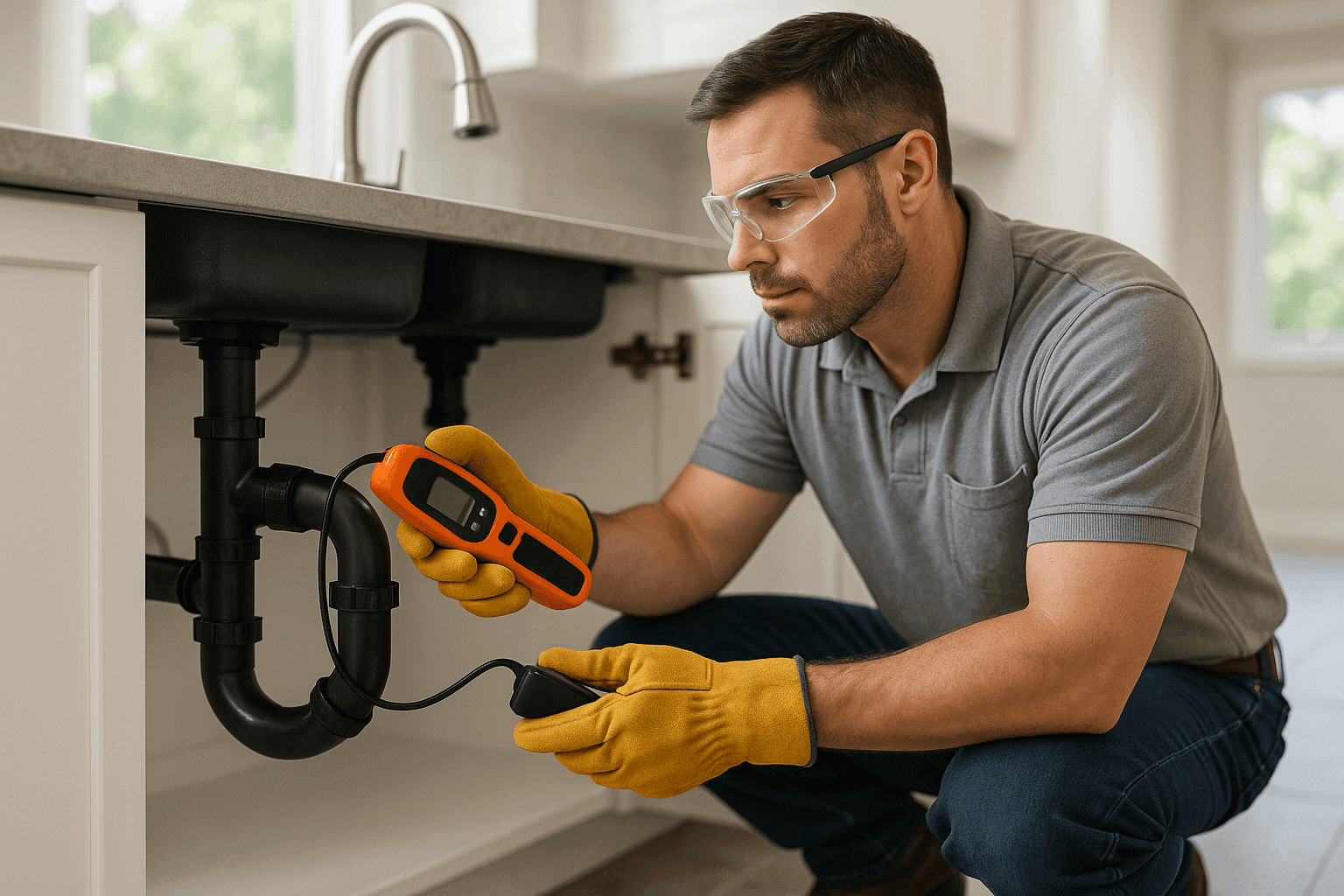Plumber using leak detection tool on kitchen sink pipe
