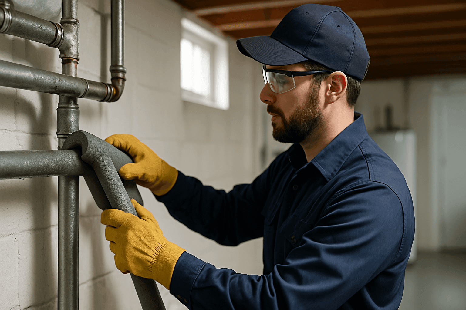 Technician insulating water pipes in cold basement