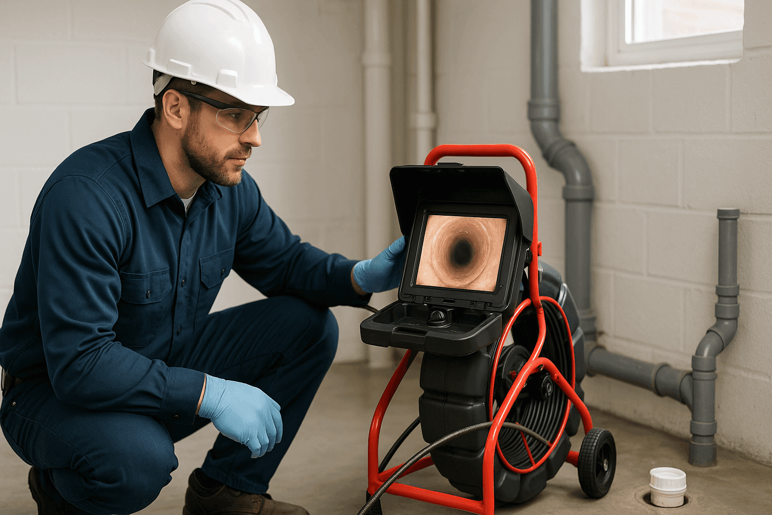 Técnico usando cámara de alcantarillado para inspeccionar la línea principal