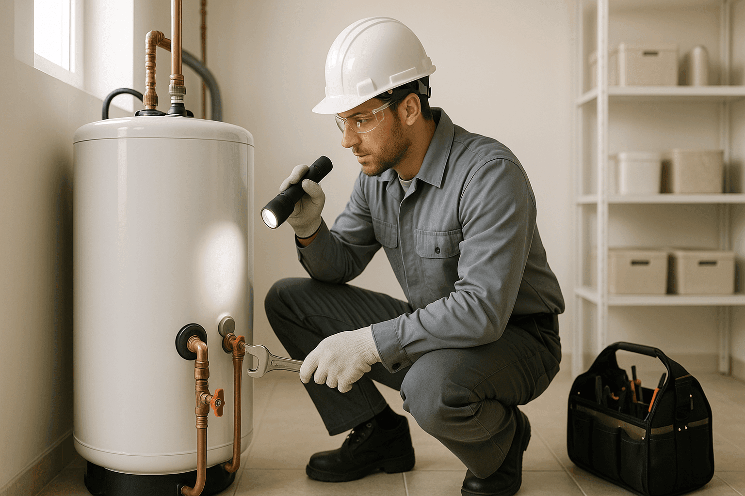 Technician inspecting water heater in utility room